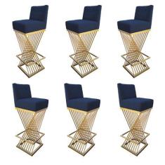 Imagem de Kit 06 Banquetas Luma Base de Ferro Sued Azul Marinho - D'Classe Decor