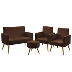 Imagem de Kit Poltrona Namoradeira e 2 Poltronas Decorativas Vega Com Rodapé Puff Solar Couro Artificial Marrom Aradecor