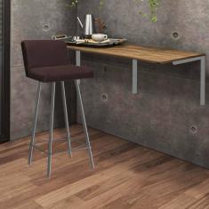 Imagem de Kit Mesa Suspensa de Parede Fixa MDF Freijó + 1 Banqueta Lexi Ferro Cinza Corino Marrom - Ahazzo Móveis