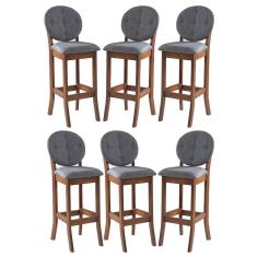 Imagem de Kit 6 Banquetas Alta Estofada com Encosto Florence 113 x 36 Cm Madeira Maciça Linho Cinza L55
