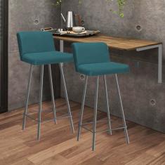 Imagem de Kit Mesa Suspensa de Parede Fixa MDF Castanho + 2 Banquetas Lexi Ferro Prata Suede Azul Turquesa - Ahazzo Móveis