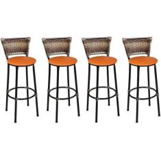 Imagem de Kit 4 Banquetas Alta Preta Junco Capuccino com Assento Laranja Fortmix