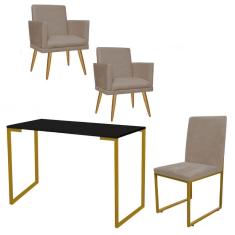 Imagem de Kit Escritório Stan 2 Poltronas Rodapé com Cadeira e Mesa Industrial Preto Dourado Tecido Sintético Bege - Ahz Móveis
