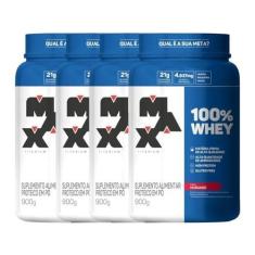 Imagem de Kit 4 100% Whey Max Titanium Pote 900g Morango Suplemento