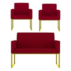 Imagem de Kit Sofá 2 Lugares + 2 Poltronas Recepção Sala Base Dourada Cor:vermelho Vermelho