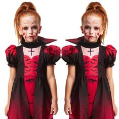 Imagem de Fantasia Vampira Infantil de Halloween Vestido Super Luxo e dentes de 