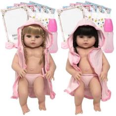 Imagem de Boneca Reborn Realista Gêmeas Loira Morena Enxoval 26 Itens