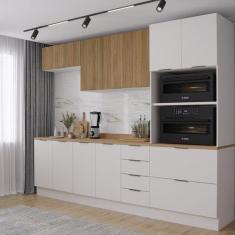 Imagem de Cozinha Modulada 5 Peças com Tampo 2 Aéreos 2 Balcões e 1 Torre Quente Ipanema Cabecasa Madeiramadei Branco/acácia