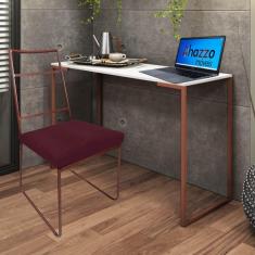 Imagem de Kit Escritório Stark Cadeira e Mesa Industrial Ferro Bronze Tampo MDF Branco Suede Bordô - Ahz Móveis