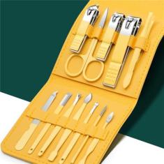 Imagem de Cortadores de unhas cortadores para manicure conjunto de aço inoxidável prego pedicure tesoura conjunto viagem aliciamento caso ferramenta, 12 pçs amarelo