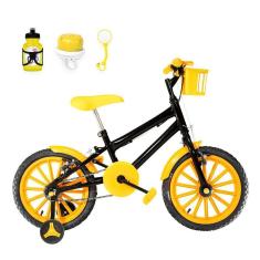 Imagem de Bicicleta Infantil Masculina Aro 16 Nylon + Kit Passeio Preta e Amarela