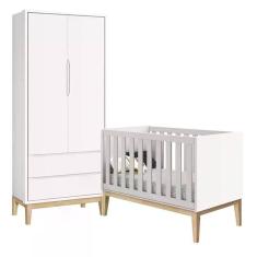 Imagem de Jogo De Quarto Classic Guarda Roupa 2 Portas E Berço Branco Fosco Com Pés Madeira Natural Reller Móveis Branco Fosco