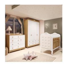 Imagem de Quarto de Bebê com Guarda-roupa Cômoda e Berço com Capitonê 100% Mdf Maya Clássico Espresso Móveis Branco Brilho/Amêndoa/Branco
