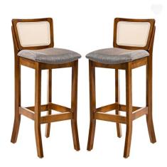 Imagem de Rio Madeira, Kit 2 Banquetas Alta com Encosto Rattan Portugal Estofada Linho Cinza L55 RMI