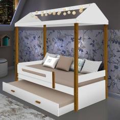 Imagem de Cama Casa Sara Branco/mel Com Cama Auxiliar 2 Colchões e Led