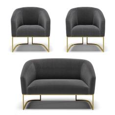 Imagem de Sofá Namoradeira E 2 Poltronas Base Industrial Dourado Stella Bouclê D03 - D'rossi Cor Grafite