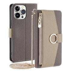 Imagem de POYUFRG Capa flip para iPhone 16 Pro Max/16 Pro/16 Plus/16 Plus/16, capa de telefone carteira com zíper transversal com compartimentos para cartões espelhados, suporte, capa de couro elegante, cinza,