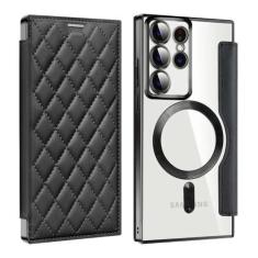 Imagem de Porta-cartões de couro magnético para Samsung Galaxy S23FE S24 S22 Ultra Plus Porta-cartões de carga sem fio Capa rígida à prova de choque, preta, para Galaxy S24 Plus