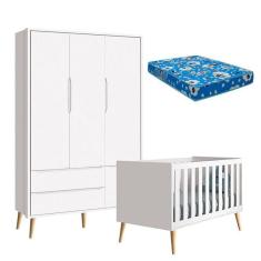 Imagem de Berço Americano E Guarda Roupa 3 Portas Infantil Theo Branco Acetinado Com Pés Madeira E Colchão