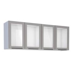 Imagem de Armário Aéreo De Cozinha Cinza Em Aço Montado 115cm Com Porta De Vidro