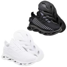 Imagem de Kit 2 Tênis Esportivo Sola Trançada Masculino Treinos Leve e Confortável White e Black-Masculino