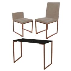 Imagem de Kit Mesa Escrivaninha com Cadeira Stan e Poltrona Lee Tampo Preto Ferro Bronze Suede Bege - Ahz Móveis
