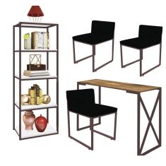 Imagem de Kit Escritório Bex 3 Cadeiras Corino Preto com 1 Mesa e 1 Livreiro Ferro Marrom MDF Imbuia - Ahazzo Móveis