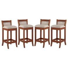 Imagem de Kit 4 Banquetas Média Estofada Lucca 36x83Cm Bancada Bar Balcão Madeira Maciça Linho Bege M58 - RMI