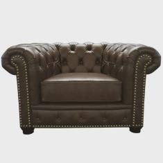 Imagem de Poltrona Sala de Estar Chesterfield com Pés Madeira Couro Marrom - Gran Belo