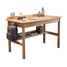 Imagem de Mesa de computador Home Office Rubber Wood Desk Simple Elegant Working Study Table Multifuncional PC Estação de trabalho com gavetas e prateleiras de armazenamento, ganchos laterais Mesa de trabalho p