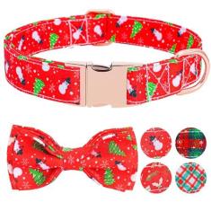 Imagem de Coleira de cachorro com laço, coleiras de Natal de bonecos de neve com laço destacável e fivela de metal, presentes de coleira ajustável para cães pequenos, médios e grandes e meninas