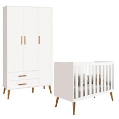 Imagem de Berço Americano 2 em 1 e Guarda Roupa Isis Retrô 3 Portas 2 Gavetas Branco Fosco- Reller