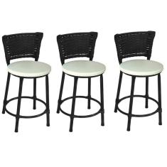 Imagem de Kit 3 Banquetas Baixas Preta com Encosto Junco Preto Assento Branco