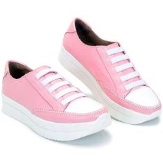 Imagem de Tênis  Feminino Rosa e Branco Couro Legítimo Ajuste Elástico-Feminino