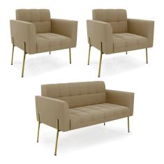 Imagem de Sofá Namoradeira E 2 Poltronas Pé De Ferro Dourado Elisa Suede Marrom Rato D03 - D'rossi