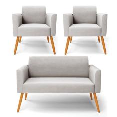 Imagem de Sofá Namoradeira Com 2 Poltronas Pés Palito Castanho Marisa Veludo D03 - D\`rossi Cor Cinza