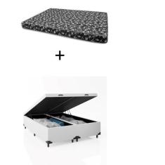 Imagem de Cama Box Baú Queen Bipartido Bello Box - Tecido Sintético Branco com Colchão New York Preto D28 - 100% Espuma - 54x158x198