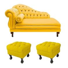 Imagem de Divã Recamier Namoradeira Larissa 150cm + 2 Puffs Retrô Suede Amarelo - LM DECOR