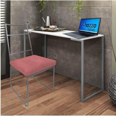 Imagem de Kit Escritório Stark Cadeira e Mesa Industrial Ferro Prata Tampo MDF Branco Suede Rose Gold - Ahz Móveis