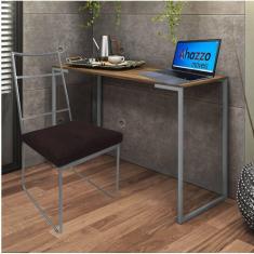 Imagem de Kit Escritório Stark Cadeira e Mesa Industrial Ferro Prata Tampo MDF Carvalho Suede Marrom - Ahz Móveis