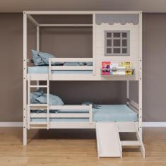Imagem de Beliche Casinha Reta com Grade Removível e Escorregador Madeira Maciça Branco/ Cinza Housin