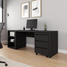 Imagem de Mesa de Escritório 150cm com Gaveteiro com Rodízio e Prateleiras Ficus Cabecasa Madeiramadeira Preto