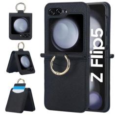 Imagem de Capa de telefone de couro PU com bolso de cartão com padrão cruzado para Samsung Galaxy Z Flip 3 4 5 6 Capa com suporte de anel, preta, para Z Flip 6