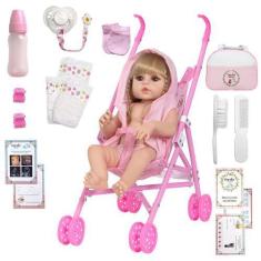 Imagem de Boneca Reborn Loira Cabelo Longo Linda Com Carrinho Infantil - Cegonha
