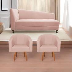Imagem de Kit Diva Recamier Heitor 185Cm Lado Direito E 02 Poltronas Luiza Suede - Doce Sonho Móveis Rosê