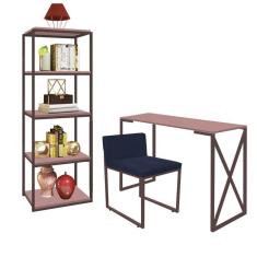 Imagem de Kit Escritório Bex 1 Cadeira Suede Azul Marinho com 1 Mesa e 1 Livreiro Ferro Marrom MDF Rose Rosa - Ahazzo Móveis