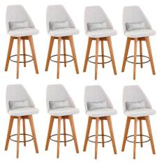 Imagem de Kit 08 Banquetas Alta Maya Giratória Com Encosto Linho Bege Claro e Almofada Sintético Branco - Aurora Line