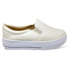 Imagem de Tênis Slip On Feminino Branco Off White Liso Flatform Detalhe Listra Preta-Feminino