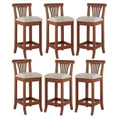 Imagem de Kit 6 Banquetas Média Estofada Encosto Valentina 36x90Cm Bancada Madeira Maciça Linho Bege M58 - RMI