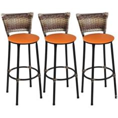 Imagem de Kit 3 Banquetas Altas Preta com Encosto Junco Capuccino Assento Laranj